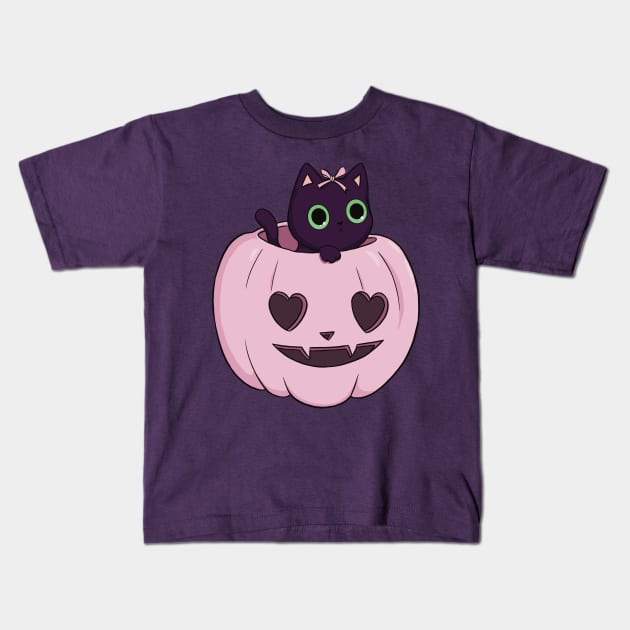 pink pumpkin black cat heart halloween coquette dollette Kids T-Shirt by maoudraw